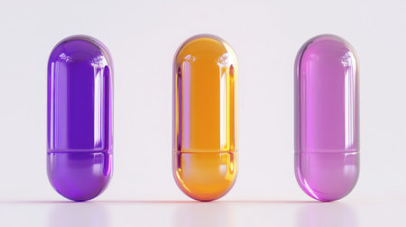 This image showcases colorful pill-shaped candies in vibrant shades of purple, orange, and pink against a clean white background, perfect for sweet-themed designs.の素材