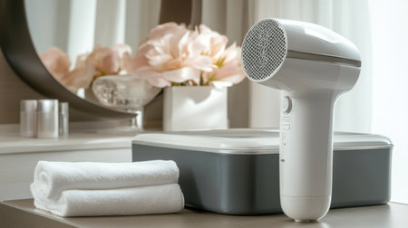 A stylish home spa scene featuring a garment steamer, towels, and delicate flowers in a serene environment, perfect for promoting relaxation and beauty.の素材