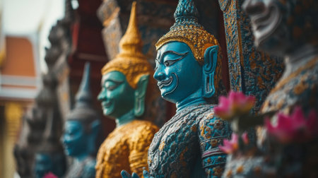 Stunning colorful statues of Buddha in a temple create a serene and peaceful atmosphere, reflecting rich cultural heritage and artistic craftsmanship.の素材