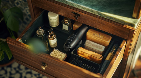 A beautifully organized bathroom drawer showcasing grooming essentials and beauty products, highlighting a blend of luxury and simplicity in home decor.の素材