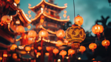 A stunning display of glowing lanterns lights up a festive night, showcasing traditional Asian architecture and the vibrant atmosphere of celebration.の素材