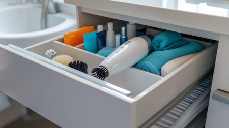Neatly organized bathroom drawer featuring towels, a hairdryer, and various personal care products, ideal for enhancing home aesthetics and efficiency.の素材