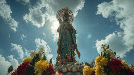 A stunning statue of Guan Yin stands majestically under a bright sky, surrounded by colorful flowers. This serene scene captures the essence of spirituality and devotion.の素材