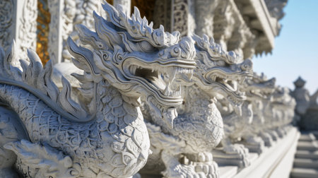 Intricate dragon sculptures adorn the exterior of a temple, showcasing exquisite craftsmanship and detailed artistry against a clear sky backdrop.の素材