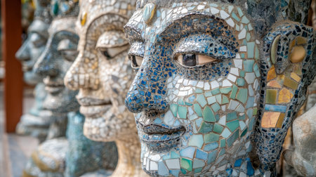 This captivating image showcases a series of colorful mosaic faces, highlighting intricate designs and textures that reflect artistic craftsmanship and cultural heritage.の素材
