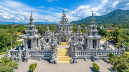 Explore a stunning silver temple set in lush greenery under a vibrant sky. This architectural marvel showcases intricate artistry, blending spirituality with nature's beauty.の素材