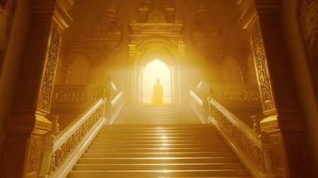 A peaceful silhouette of a Buddha statue illuminated by golden light in a grand temple. The scene captures serenity and spirituality, inviting reflection.の素材