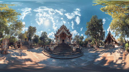 A stunning panorama of a serene temple surrounded by lush trees under a bright blue sky with fluffy clouds, embodying tranquility and cultural heritage.の素材