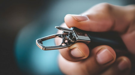 A close-up image showcasing a hand gripping a metal bottle opener. The focus on the tool illustrates its design and functionality in everyday scenarios.の素材