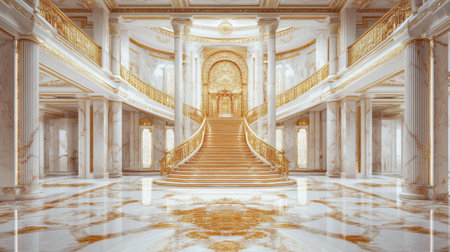 Capture the essence of elegance with this stunning grand staircase in a luxurious hallway, featuring marble floors, ornate details, and golden accents.の素材
