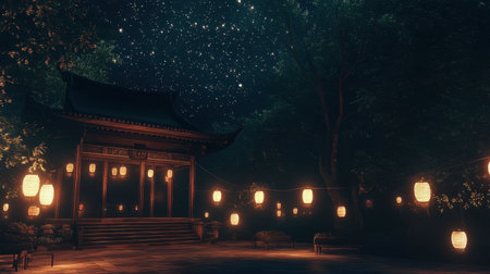 A serene night scene featuring a traditional temple illuminated by glowing lanterns amid a starry sky. This enchanting atmosphere invites tranquility and reflection.の素材