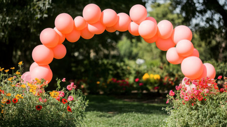 A stunning balloon arch frames a colorful flower garden, perfect for events and celebrations. This vibrant setup adds a cheerful touch to outdoor occasions.の素材