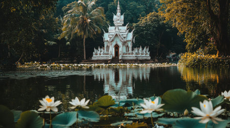 Tranquil scene featuring a beautiful temple reflecting in calm waters, surrounded by lush greenery and blooming lotus flowers. Perfect for exploring spirituality and nature.の素材