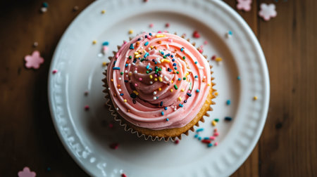 A delightful pink frosted cupcake topped with colorful sprinkles on a white plate. Perfect for celebrations, parties, and sweet moments. Enjoy the charm!の素材