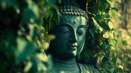 This tranquil image captures a serene Buddha statue embraced by lush greenery, symbolizing peace and meditation in an outdoor setting.の素材