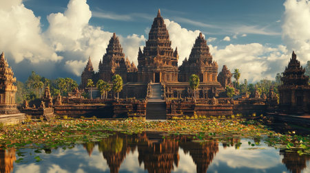 A majestic ancient temple reflected in tranquil waters, surrounded by lush greenery and dramatic clouds, perfect for travel and heritage photography.の素材