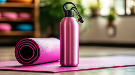 A pink yoga mat rolled out beside a sleek water bottle, perfect for enhancing your workout experience in a fitness or wellness environment.の素材