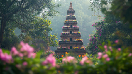 A tranquil garden scene featuring a floral structure surrounded by lush greenery. The soft light enhances the serene atmosphere, ideal for relaxation.の素材