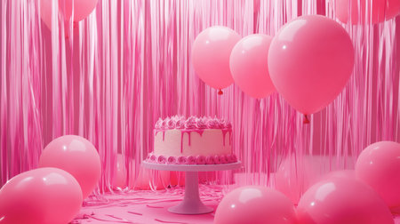 A vibrant party scene featuring a pink cake surrounded by soft balloons and shiny streamers, perfect for celebrations like birthdays and anniversaries.の素材