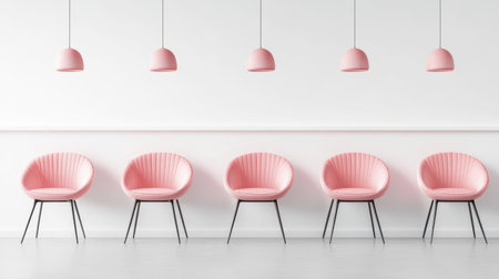 A modern interior showcasing stylish pink chairs and soft pendant lights against a clean white wall, perfect for contemporary decor or design inspiration.の素材