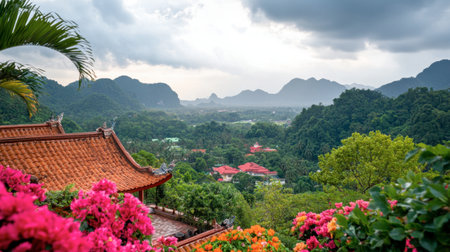 A breathtaking view of lush mountains and vibrant flowers in a serene landscape, perfect for conveying tranquility and natural beauty in travel themes.の素材