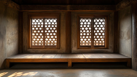 A serene wooden interior featuring decorative windows, showcasing the interplay of light and shadow, perfect for evoking a sense of peace and tranquility.の素材