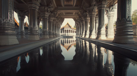 A majestic view of traditional temple architecture showcasing stunning columns and serene reflections in the water, creating a tranquil atmosphere.の素材