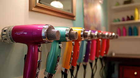 A vibrant display of colorful hair dryers mounted on a wall in a modern salon. Ideal for showcasing beauty tools and interior design in hair care settings.の素材
