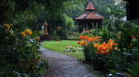 Discover a serene pathway winding through a vibrant garden filled with colorful flowers and lush greenery, perfect for relaxation and meditation.の素材