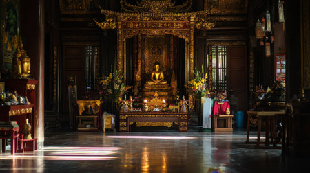 A tranquil interior view of a traditional temple featuring a prominent Buddha statue surrounded by ornate decorations, evoking a sense of peace and spirituality.の素材