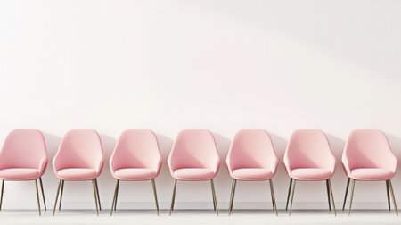 A line of modern pink chairs against a minimalist wall, offering a stylish and contemporary look. Perfect for interior design projects or promotional materials.の素材