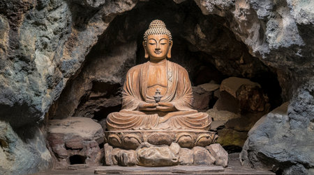 A captivating wooden Buddha statue seated in a natural cave, exuding serenity and tranquility. This image embodies spiritual reflection and ancient craftsmanship.の素材