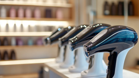 A collection of modern hair dryers displayed in a stylish salon, showcasing innovative design and technology. Perfect for beauty and hair care concepts.の素材