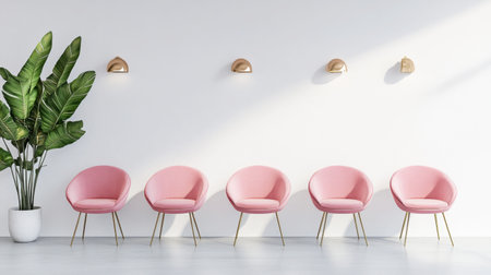 This image features a modern interior with five pink chairs, a stylish light fixture, and a lush plant, creating a chic and inviting atmosphere.の素材