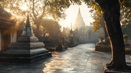 A tranquil scene of a temple pathway illuminated by the soft glow of sunrise. The ancient architecture and serene atmosphere invite a moment of reflection and peace.の素材