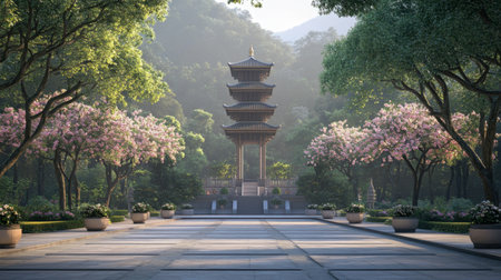 A serene pagoda stands amidst a tranquil garden filled with blooming flowers and lush trees, providing a calming backdrop for relaxation and meditation.の素材