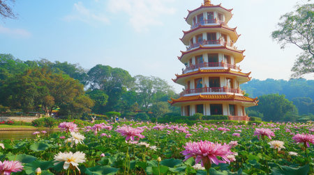 A beautiful pagoda surrounded by blooming lotus flowers in a tranquil garden setting, showcasing vibrant colors and serene natural beauty.の素材
