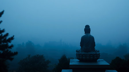 A tranquil view of a Buddha statue partially shrouded in fog, evoking peace and serenity. The misty landscape captures a moment of reflection and calmness.の素材