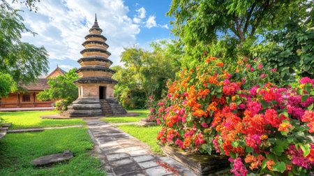 A picturesque temple surrounded by a lush garden filled with vibrant flowers. This serene landscape captures the beauty of nature and architectural elegance.の素材