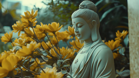 A serene Buddha statue surrounded by vibrant yellow flowers, creating a tranquil atmosphere in a beautiful garden setting, perfect for meditation and reflection.の素材
