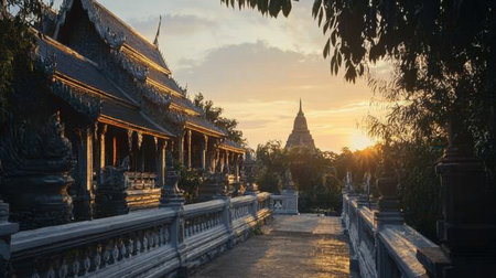 A tranquil sunset casts a warm glow over a traditional temple, highlighting intricate architecture and natural beauty. Perfect for travel and cultural themes.の素材