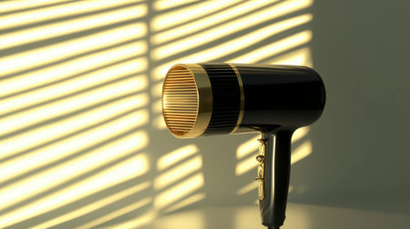 This stylish hair dryer showcases a sleek design with striking light and shadow patterns, perfect for beauty, interior, and product photography.の素材