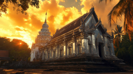 A stunning sunset captures an ancient temple, reflecting vibrant golden hues in the architecture. Perfect for travel and culture themes.の素材