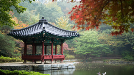 A tranquil pavilion situated by serene water surrounded by vibrant autumn foliage. Perfect for capturing the essence of nature's beauty and calmness.の素材