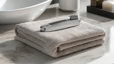 A soft, folded towel sits on a bathroom counter alongside a grooming tool, creating a serene and organized space perfect for personal care routines.の素材