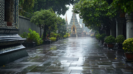 A tranquil scene of a rain-soaked path leading to a temple, surrounded by lush greenery. The serene atmosphere invites contemplation and reflection.の素材