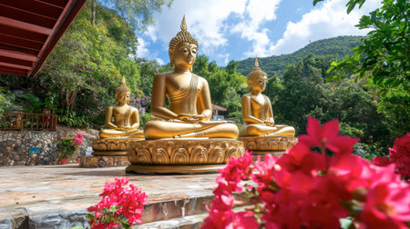 Beautiful golden Buddha statues surrounded by vibrant flowers and lush greenery, creating a serene atmosphere perfect for meditation and reflection.の素材