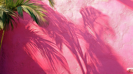 Vibrant pink wall adorned with delicate tropical palm shadows, creating a striking visual contrast. Perfect for summer-themed projects or artistic backgrounds.の素材