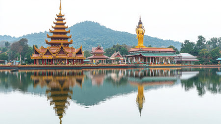 A tranquil scene featuring an ornate temple and a towering statue beside a calm lake, with mountains in the background, perfect for tranquility and travel themes.の素材