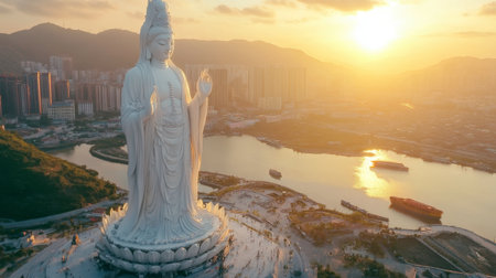 A stunning aerial view of a majestic statue at sunset, overlooking a tranquil river and a bustling city, embodying beauty and spirituality in nature.の素材